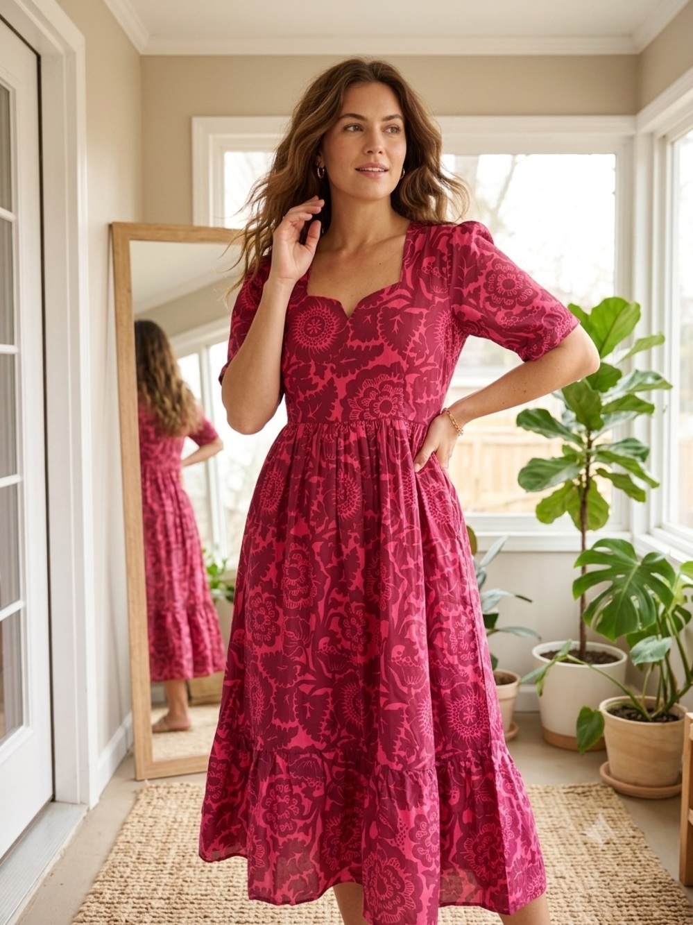 Women's Fitted Waist Midi Dress in Berry Pink